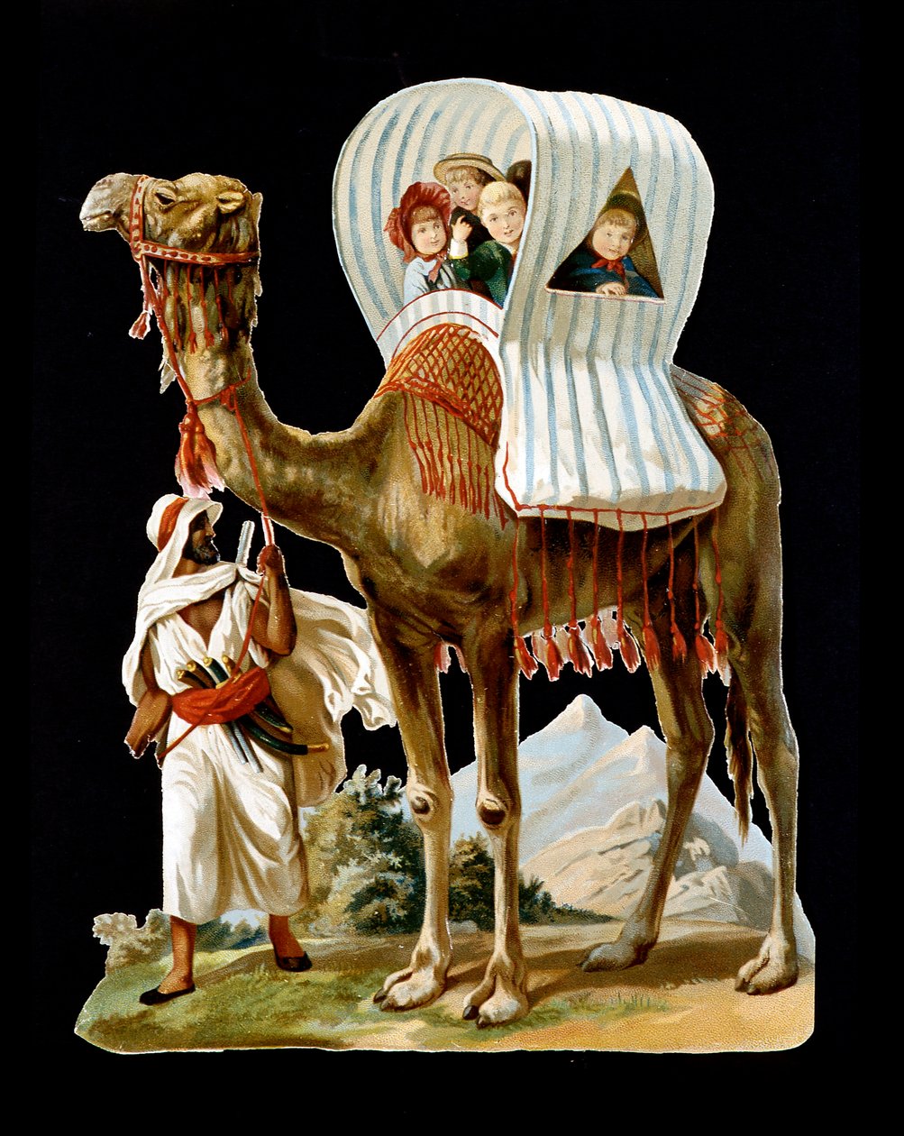 Çocuklar bir deve sırtlı sepette yürüyor, Cezayir - kromo., 19. yüzyılın sonlarında by Unknown artist