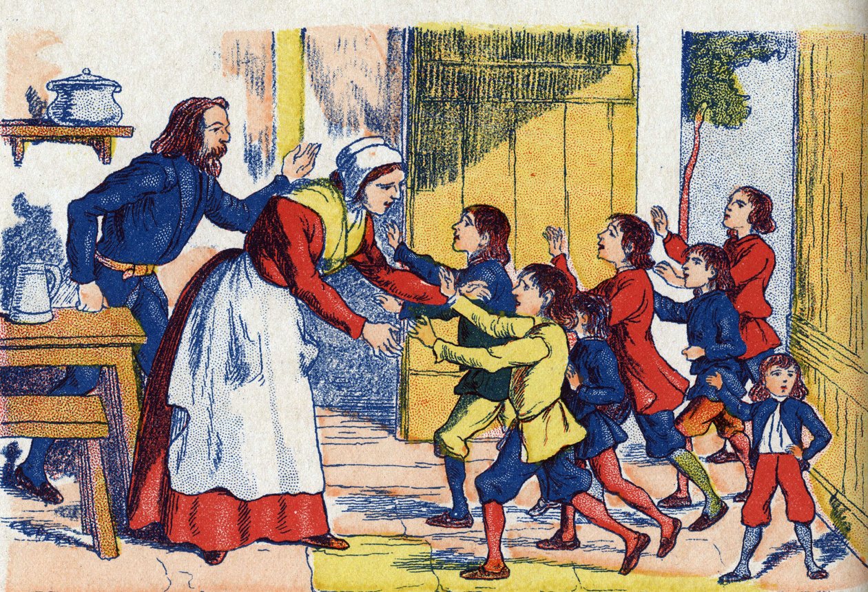 Çocukların Geri Döndüğü, “Le Pepetit poucet” için illüstrasyon, Charles Perrault (1628-1703), Fransız yazar. Anonim illüstrasyon. Görüntüler Marcel Vagne, Jarville Nancy, tarihsiz (19. yüzyılın sonu). by Unknown artist