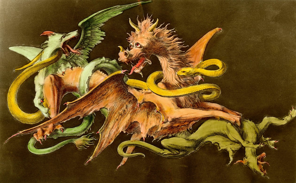 Chimeres İki canavarla savaşan bir ejderha. 19. yüzyıldan gravür. by Unknown artist