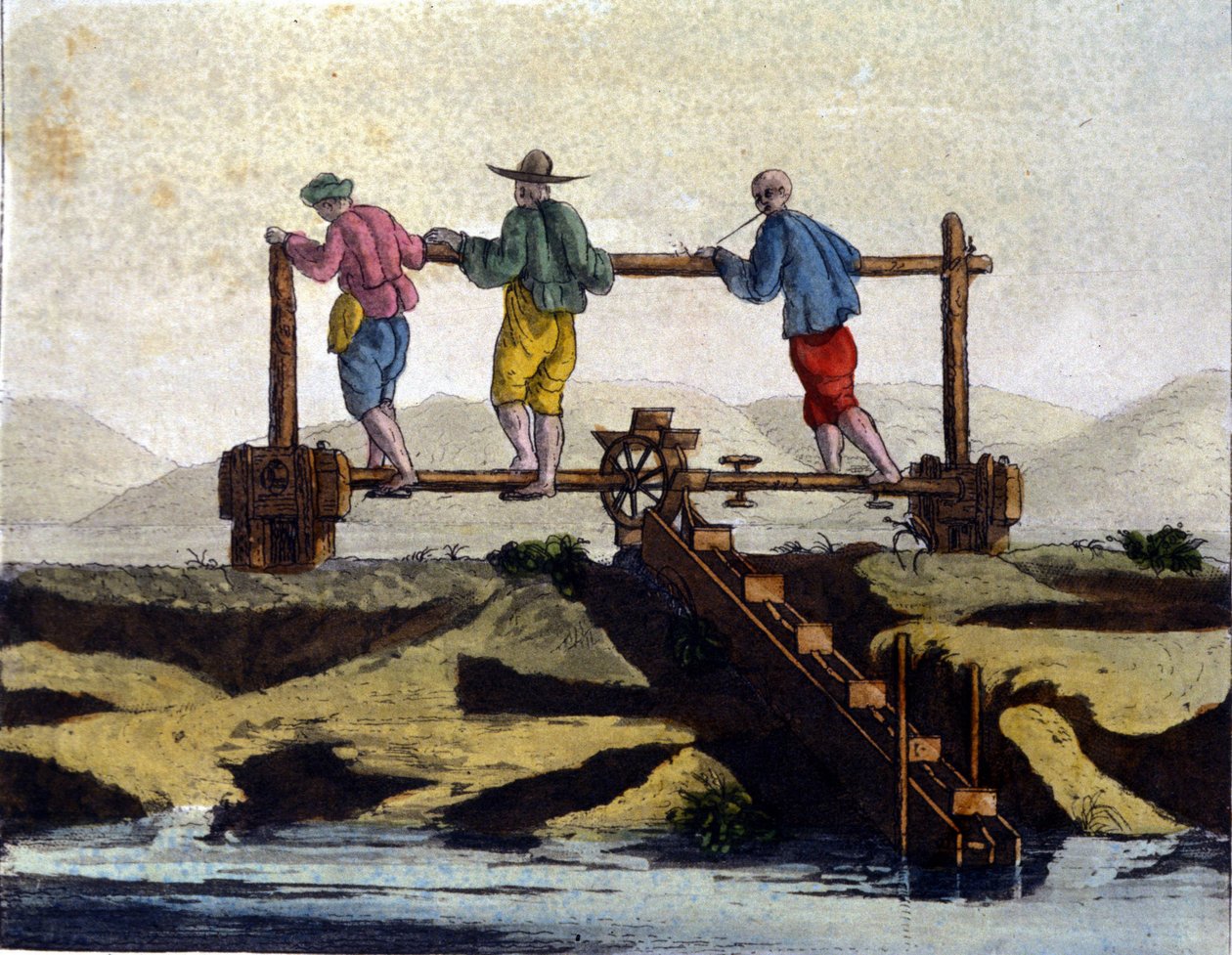 Çin. Pirinç ekimi için su sulama sistemi. 19. yüzyıl baskısı. by Unknown artist