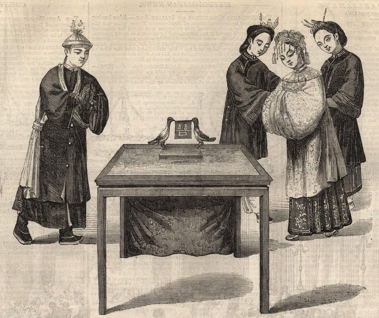 Çin geleneği: bir evlilik sözleşmesi imzalamak. İki güvercinli bir masaya iki eşin adının yazılı olduğu bir tablet konur. 14 Şubat 1857 tarihli "" The Illustrated London News "de gravür. by Unknown artist