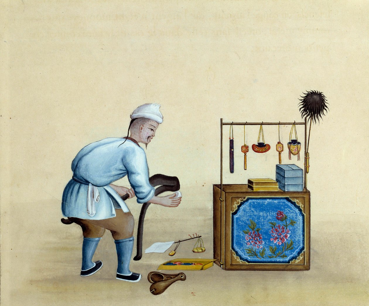 Çinli tüccar gümüş külçeleri kesmek için makas bileme. 17. yüzyılın çizimi. Paris. BN by Unknown artist