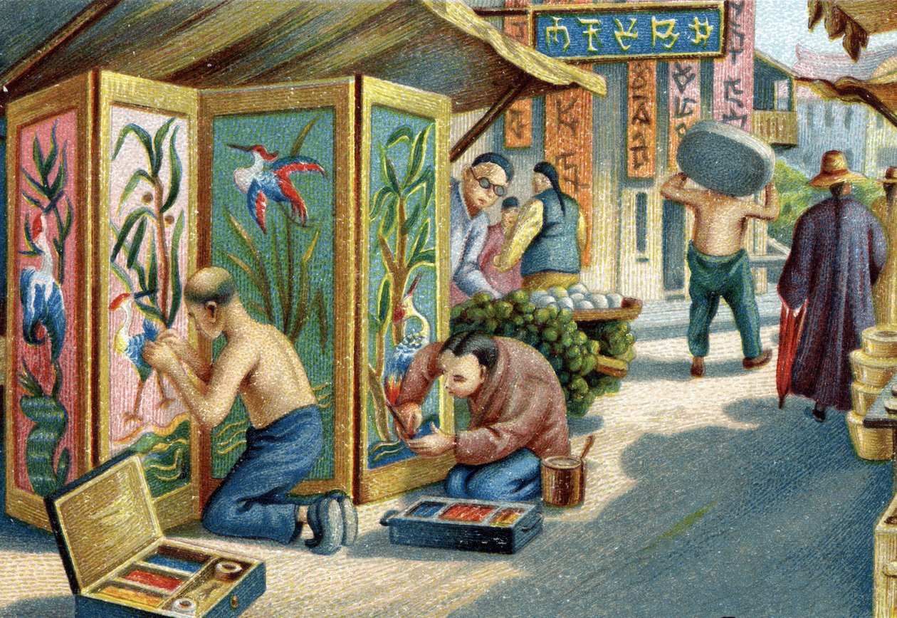 Sokakta çalışan Çinli tüysüzler: İğne ve tüy kullanarak paneller veya ekranlar yapıyorlar. 19. yüzyılın kromolitografisi by Unknown artist