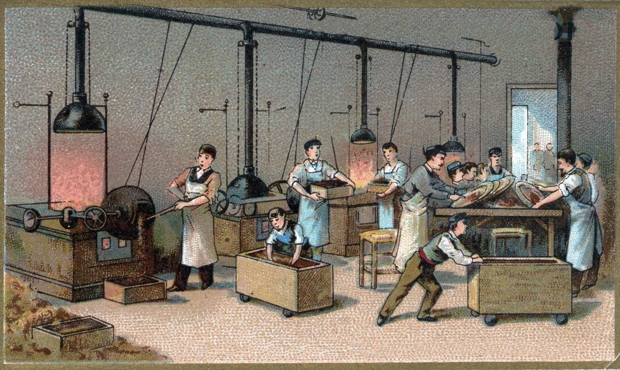 Çikolata yapımı. Kakao Torrefaksiyon Odası. 19. yüzyılın sonlarında kromolitografi by Unknown artist
