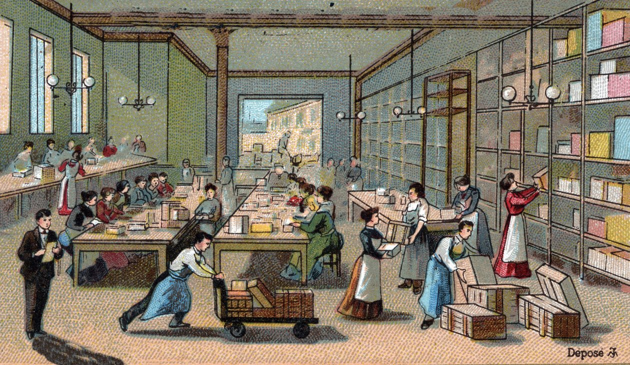 Çikolata üretimi: paketleme, nakliye. 19. yüzyılın sonunun kromolitografisi by Unknown artist