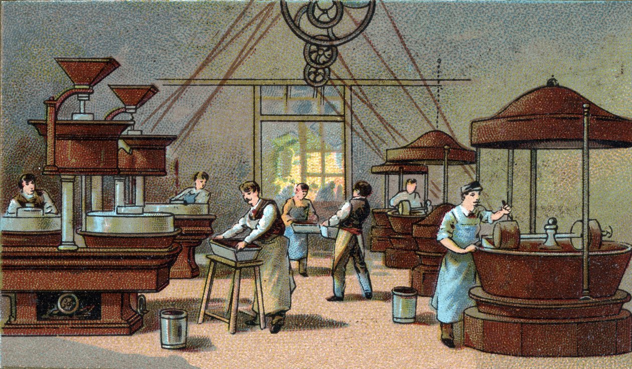 Çikolata imalatı, karıştırma odası. 19. yüzyılın sonunun kromolitografisi by Unknown artist