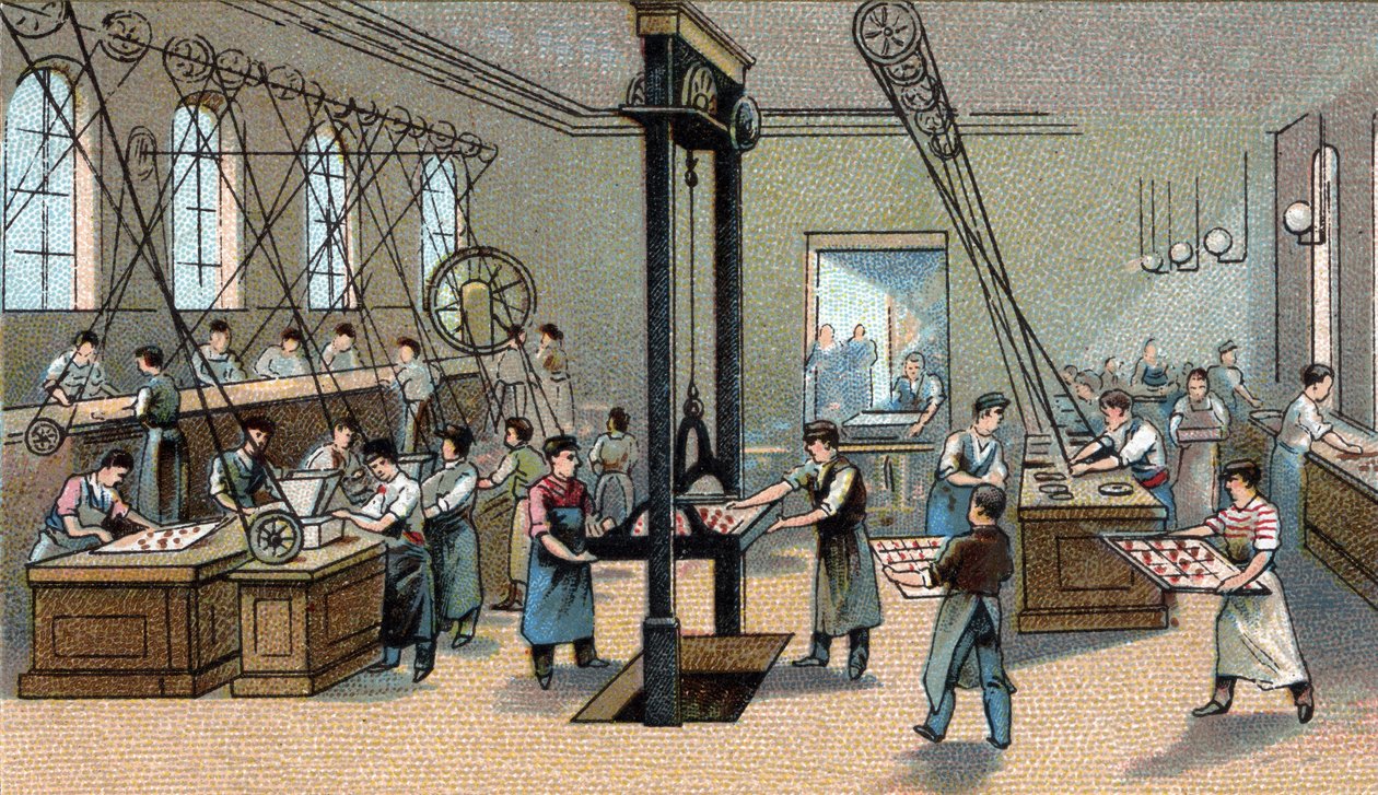Çikolata üretimi: kalıplama. 19. yüzyılın sonunun kromolitografisi by Unknown artist