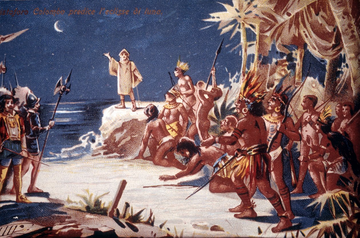 Christopher Columbus, Kızılderililer için ay tutulmasını tahmin ediyor. 19. yüzyıl kromolitografisi. by Unknown artist