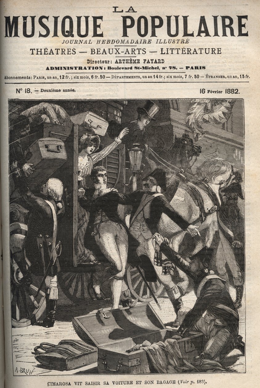 Cimarosa, 18. yüzyılın İtalyan bestecisi Domenico Cimarosa (1749-1801), arabasına ve bagajına el konulduğunu görür. “Popüler Müzik””” haftalık ünlü gazetesinde gravür - 1882 by Unknown artist