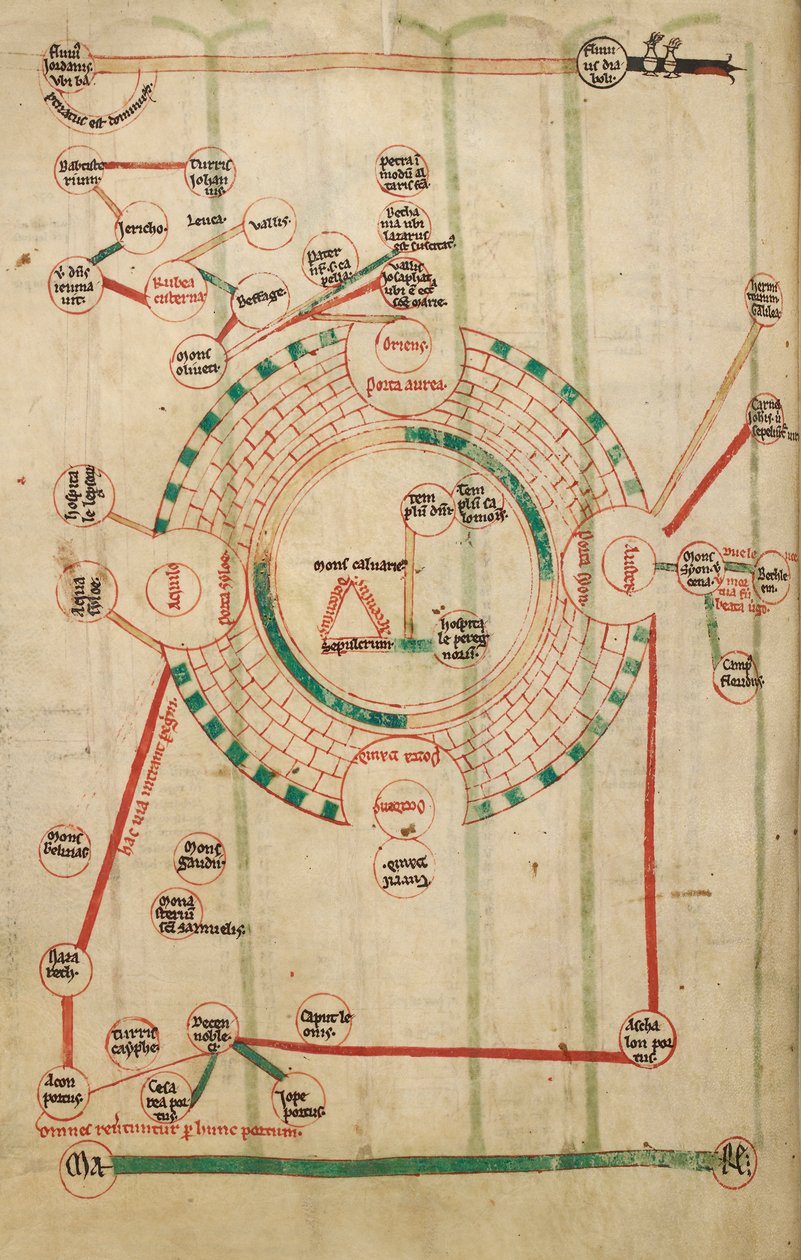 Tapınak ve Kutsal Kabir ile Kudüs'ün dairesel haritası by Unknown artist