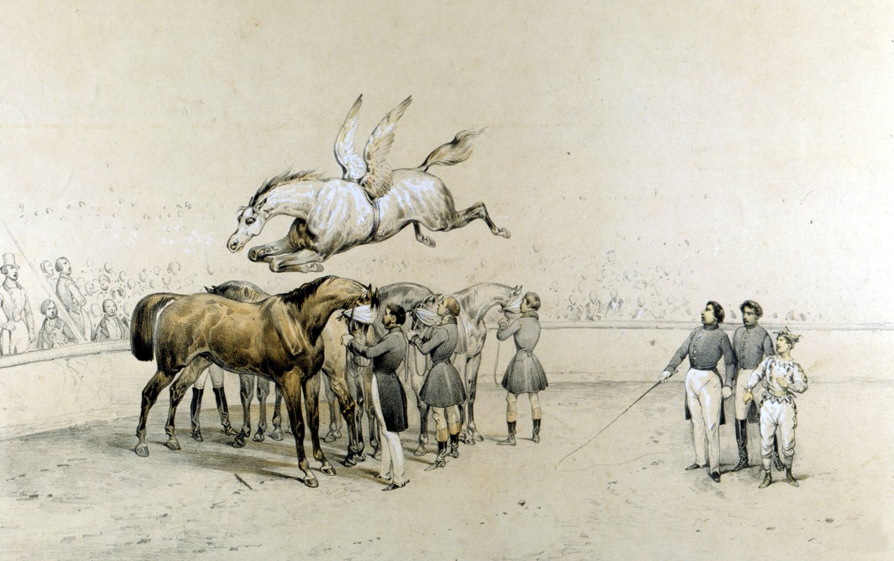 Sirk, kanatlı bir atın gözleri bağlı üç atın üzerinden atladığını gösteriyor. by Unknown artist