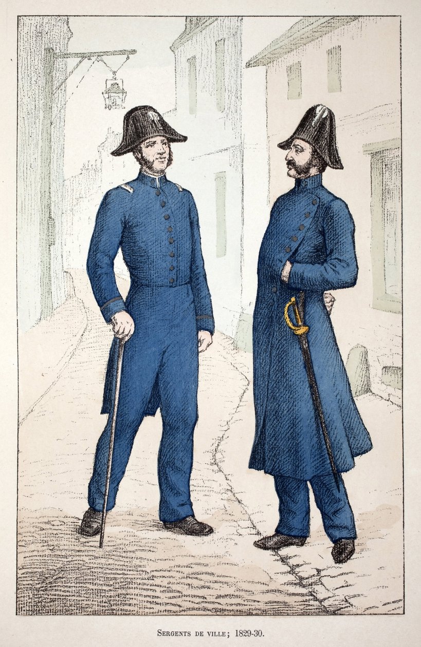 Şehir Çavuşları (1829-1830). Renklerle gravür, illüstrasyon için, Seine polisi Louis Lepine (1846-1933) himayesinde, Alfred Rey (1864-?) ve Louis Feron (1862) tarafından yayınlanan “Barış Gücü Kolordu Tarihi”” kitabı -?) by Unknown artist