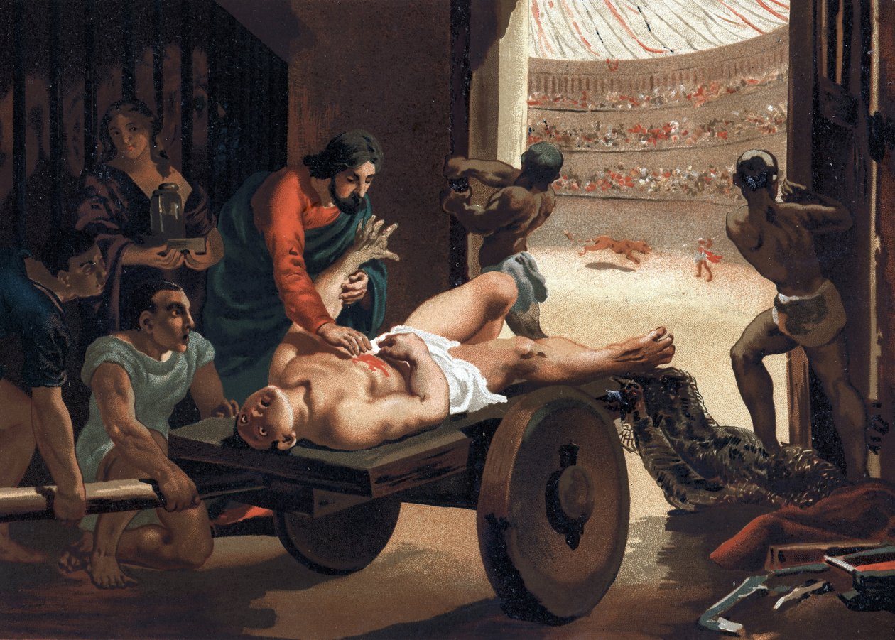 Claude Galien (Klaudios Galenos veya Claudio Galeno veya Claudius Galenus veya Galen, v. 131 - v. 201), bir gladyatörü tedavi eden Yunan doktor. Barselona 1881 by Unknown artist