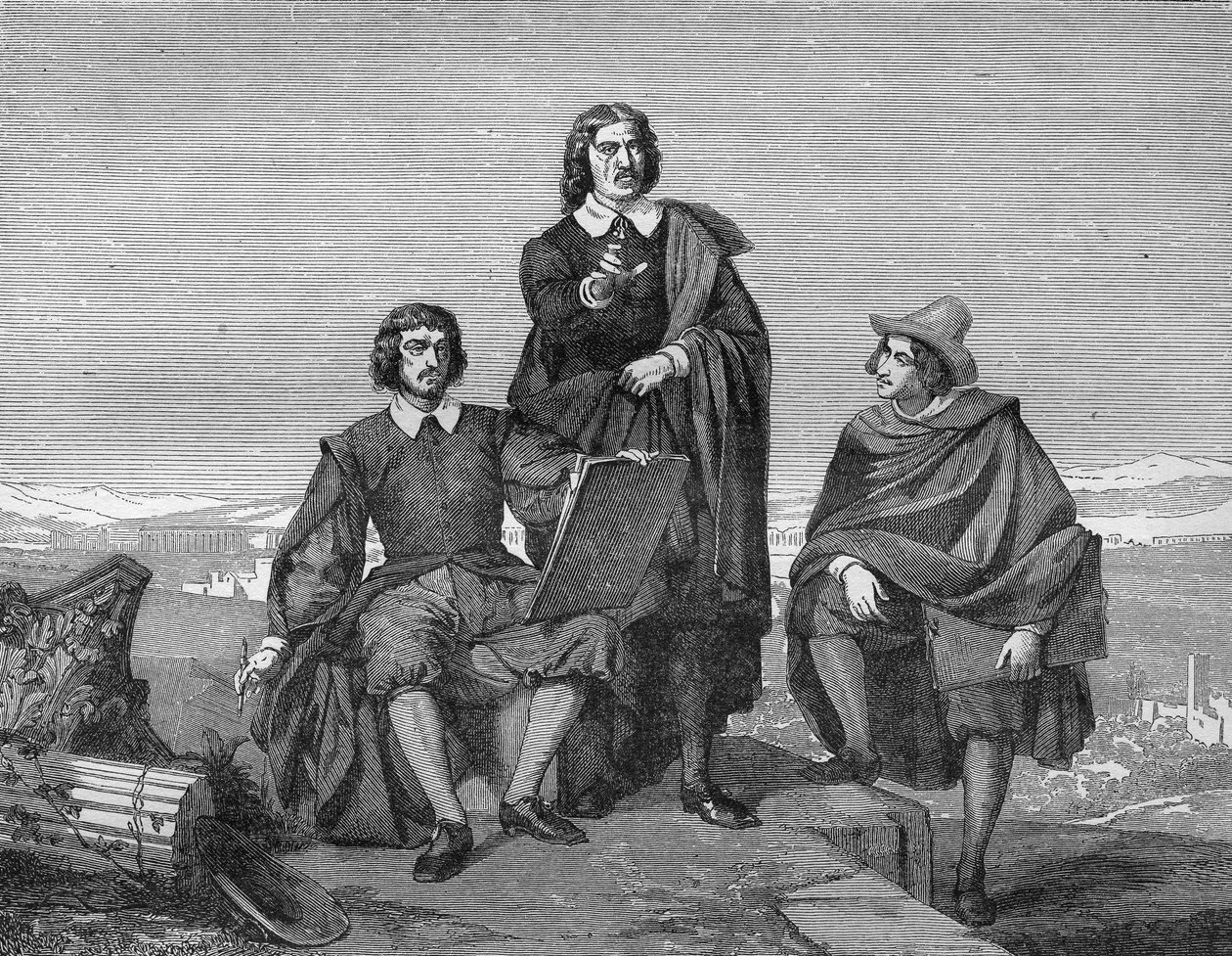 Roma bölgesinde Claude Lorrain, Nicolas Poussin ve Gaspard Dughet (Guaspre Poussin). 19. yüzyılın gravürü. by Unknown artist