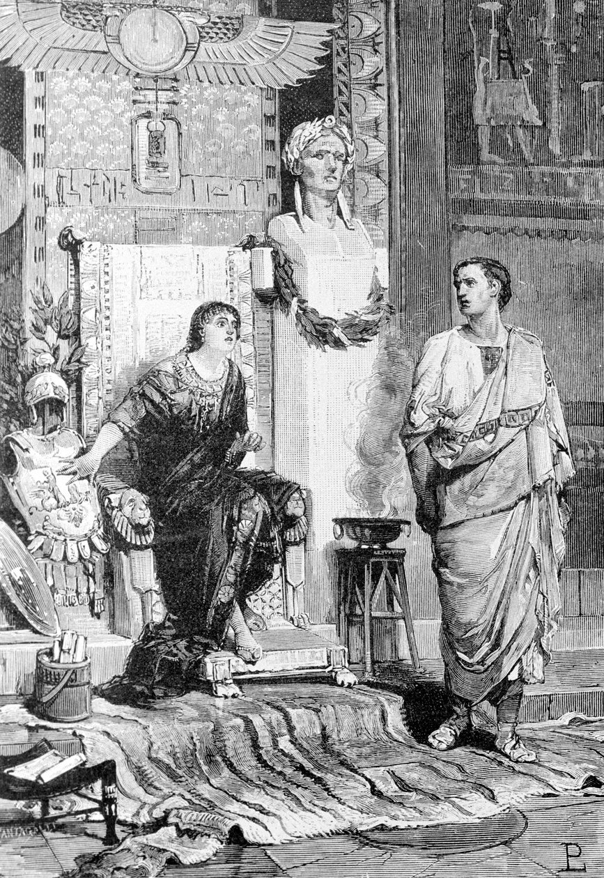 Kleopatra (MÖ 69 - MÖ 30), Mısır Kraliçesi ve Octave, Actium'un yenilmesi ve Marc Antony'nin ölümünden sonra onunla konuşmaya geldi. 19. yüzyılın gravürü. Storia d'Italia. by Unknown artist