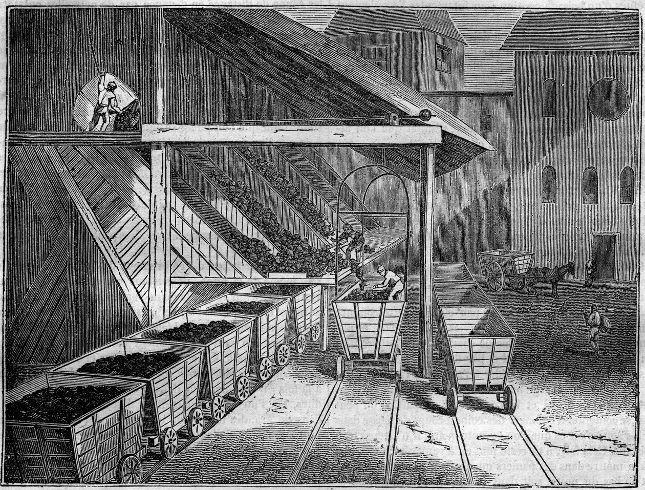 Kömür madeni: Madenden çıkarılan kömür, dökümhanelere, trenlere ve gemilere doğru yük arabalarına yüklenir. “” Pitoresk mağazada”” 1835 by Unknown artist