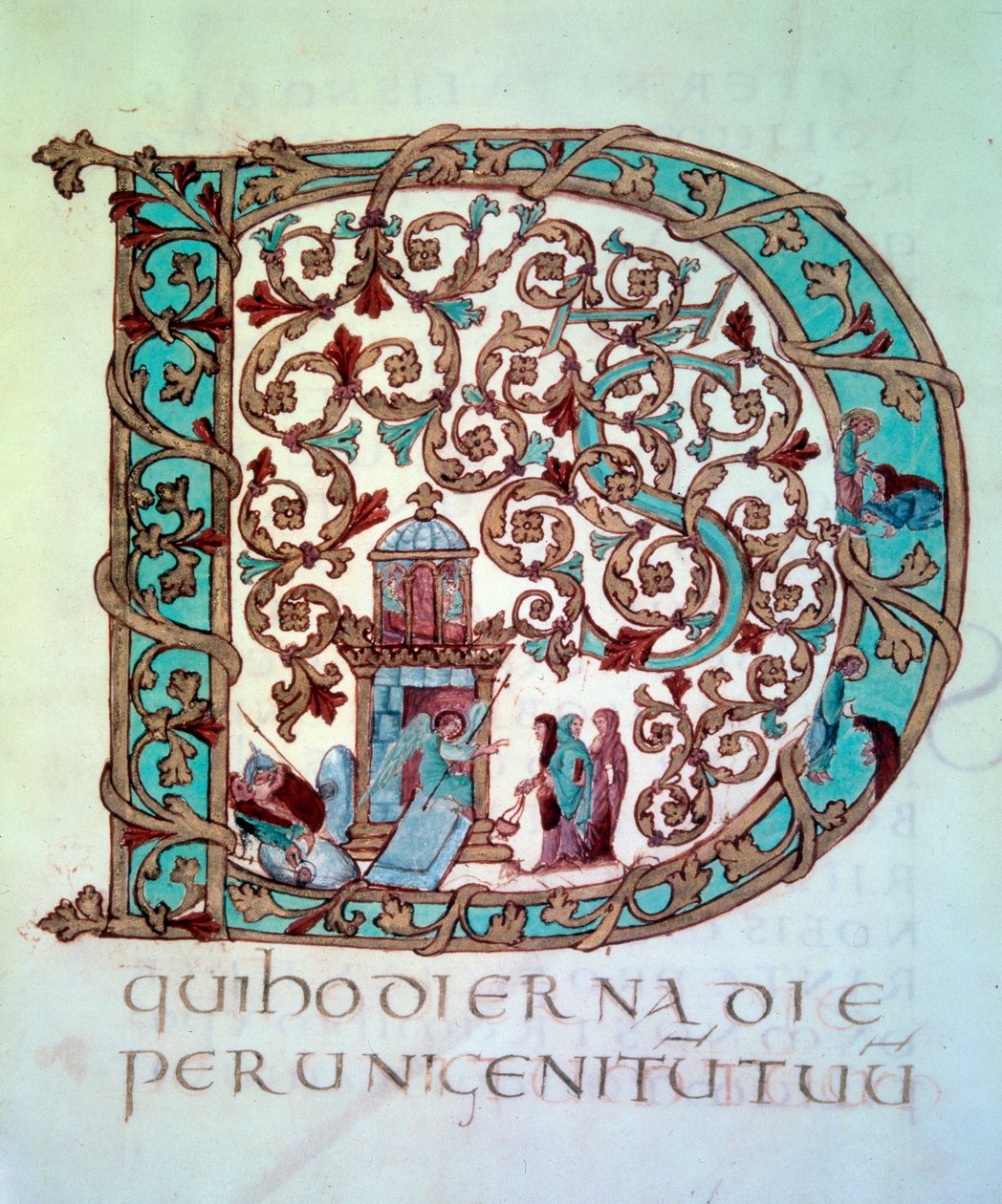 Paskalya Koleksiyonu: büyük bir başlangıç (lettrine) D süslü ve historiee (mezardaki kutsal kadınlar). Metz Katedrali Tresor