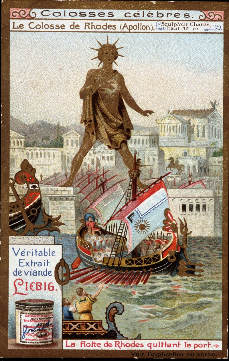 Ünlü Colossus: Rodos Heykeli (Apollo, Helios) (yükseklik 32 metre), heykeltıraş Charles de Lindos (MÖ 4. yy); Rodos filosu limandan ayrılıyor (Yunanistan) - Liebig kromolitografisi by Unknown artist