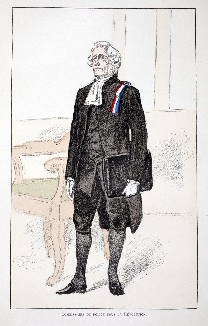 Devrim sırasında Polis Komiseri (1789-1799). Renklerde gravür, illüstrasyon için, Seine Polisi Louis Lepine (1846-1933) himayesinde yayınlanan ““Barış Muhafızları Kolordu Tarihi”” kitabı, Alfred Rey (18) tarafından by Unknown artist