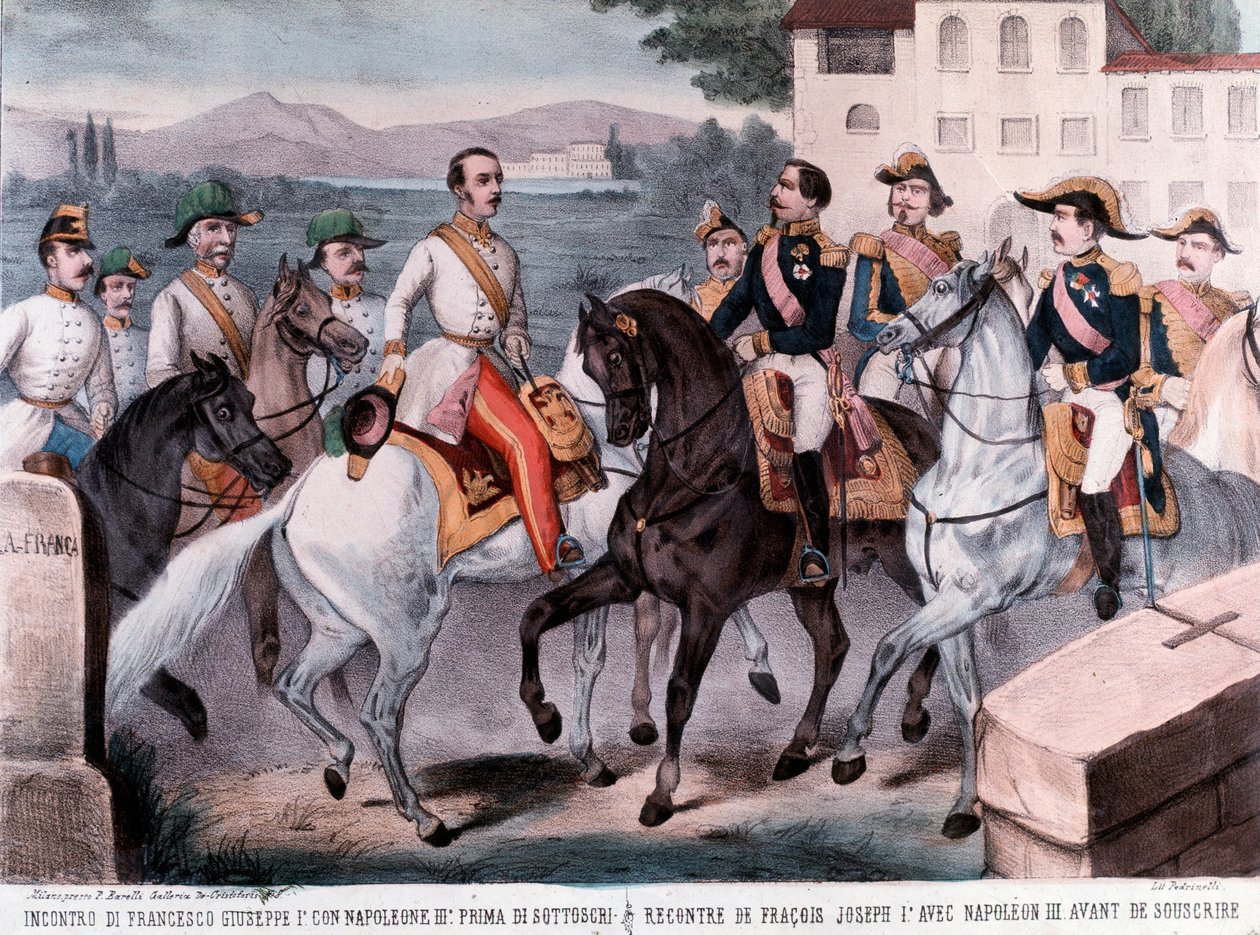 Villafranca Konferansı, Fransız imparatoru Napolyon III ve İmparator I. Francis Joseph arasında ön Avusturya barışı üzerine toplantı (1859) (gravür) by Unknown artist
