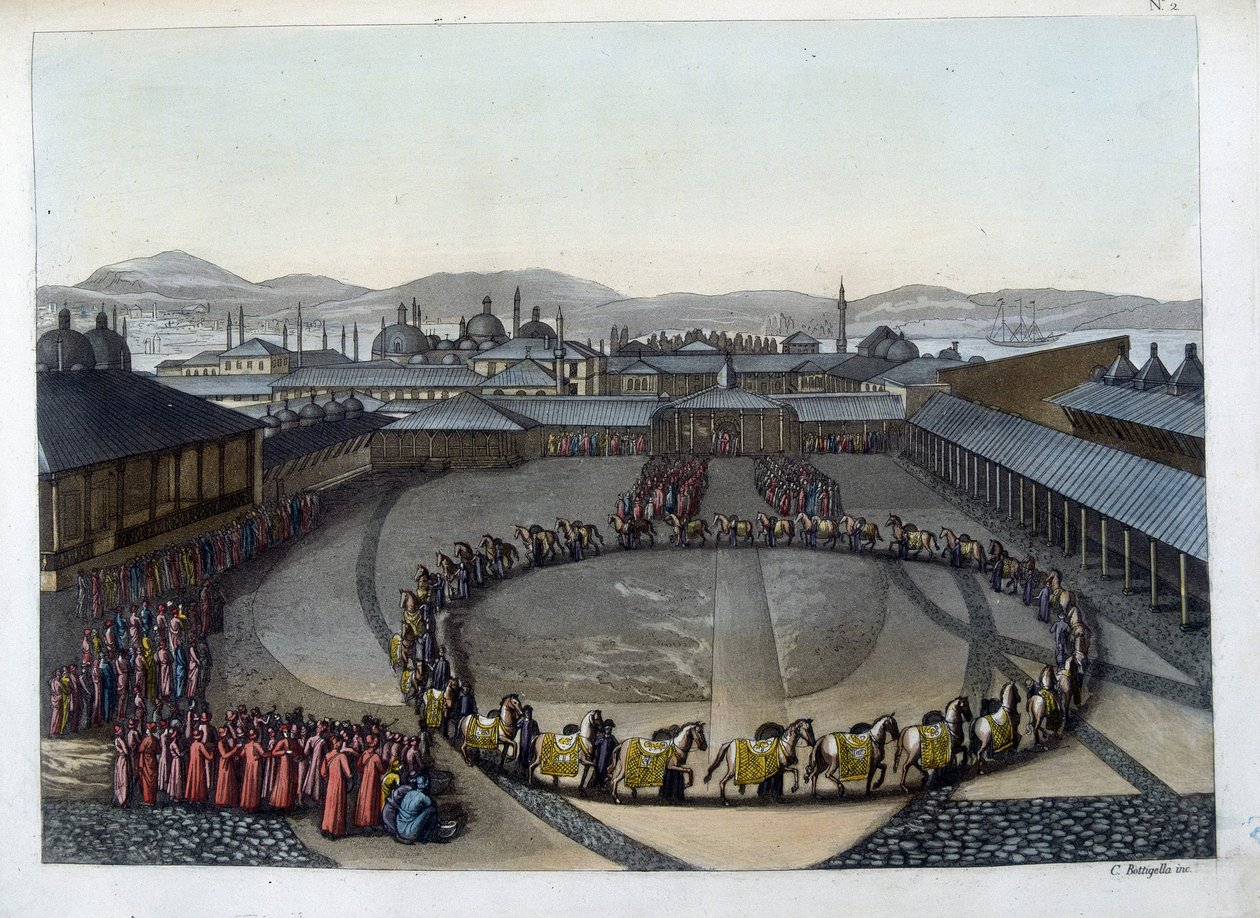 Konstantinopolis: Felicity Kapısı. Bu kapı, padişahın ailesi ve haremindeki hanımlarla birlikte yaşadığı sarayın iç kısmına geçişi sağlar. “” Eski ve modern kostümde by Unknown artist