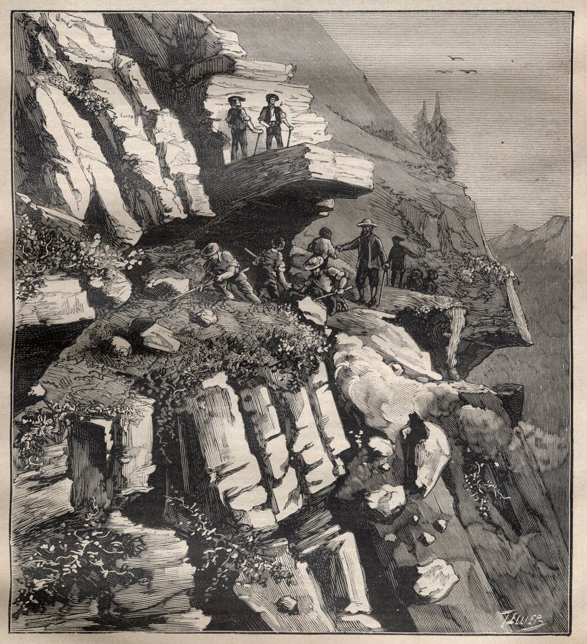 Alplerde bir dağ yolu inşaatı - "La Science francaise" gravürü by Unknown artist