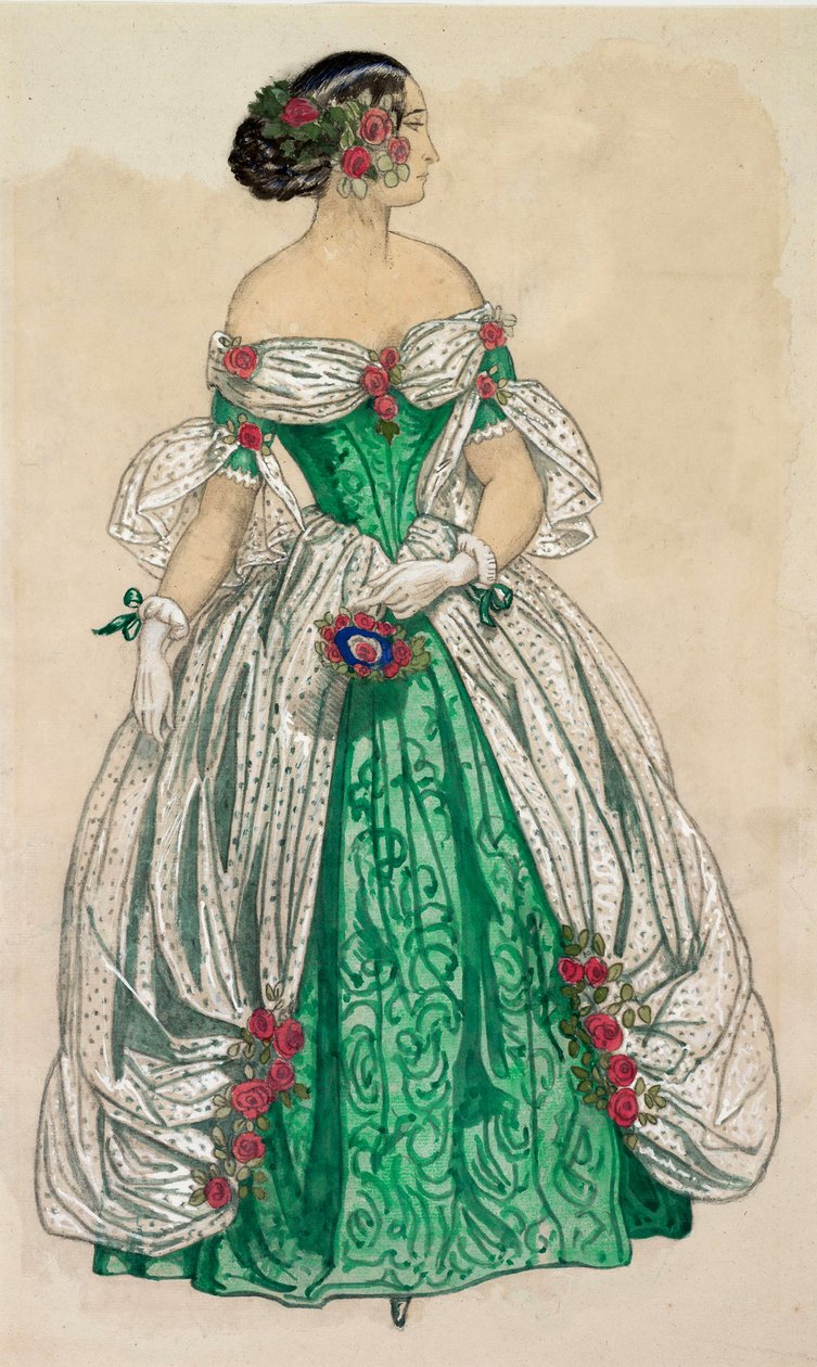 Kostüm (beyaz yelkenli uzun yeşil elbise), "Kelebekler" balesi için by Unknown Artist
