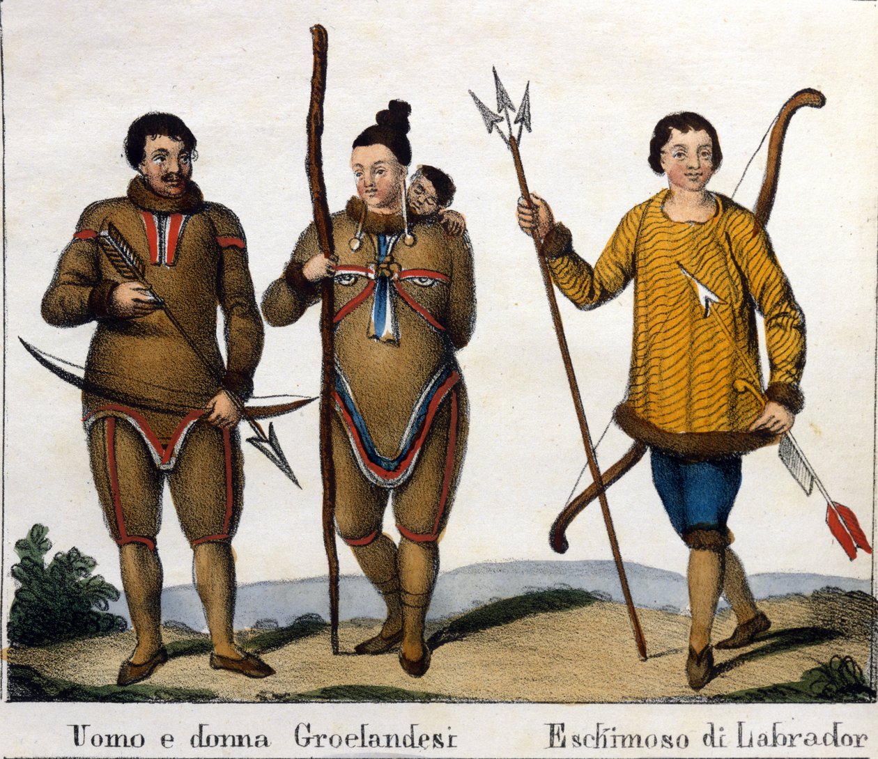 Kostüm. Solda: Çocuklarıyla birlikte birkaç Grönland Eskimosu. Sağda: Labrador Eskimo. 19. yüzyılın başında litografi by Unknown artist