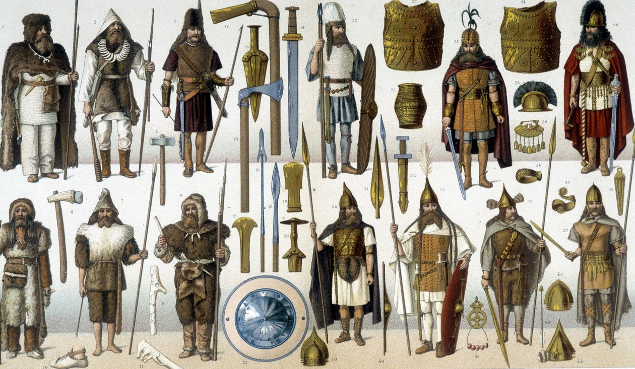 Barbar savaşçıların kostümleri, zırhları ve silahları by Unknown artist