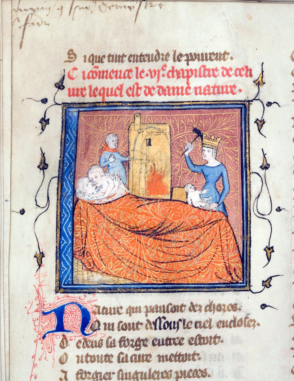 ""Bir yatakta kucaklaşan bir çift, bir kraliçe bir bebeği öldürür ve başka bir karakter bir evi yakar"" Guillaume de Lorris (yaklaşık 1200-1238) ve Jean'in "Le Roman de la Rose" adlı el yazmasından alınan ışıklı sayfa de M by Unknown artist