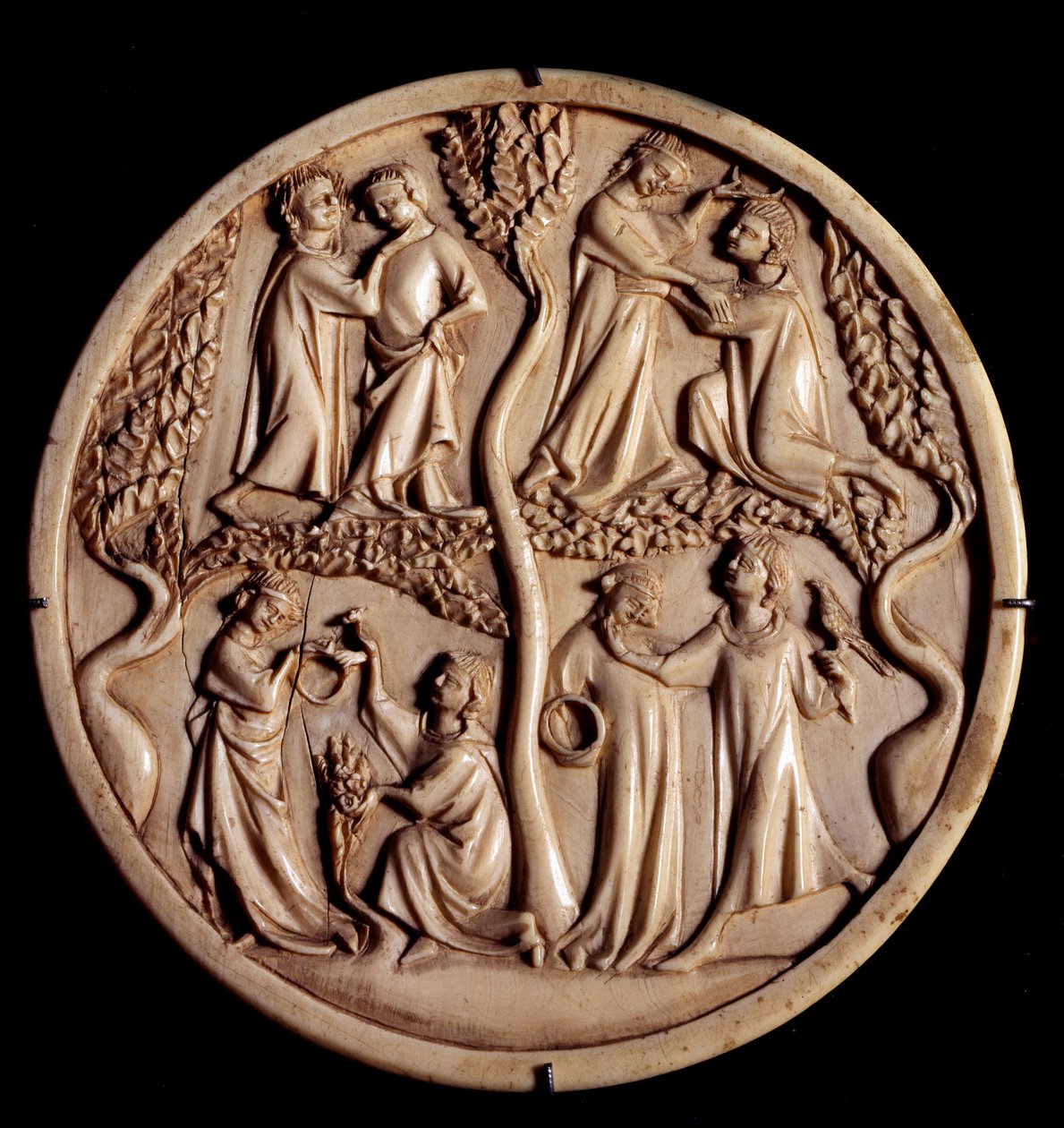 Nazik aşk sahneleri. Fildişi ayna kutusu vanaları. 14. yüzyılın başı. karartmak 11 cm. Paris, Louvre Müzesi by Unknown artist