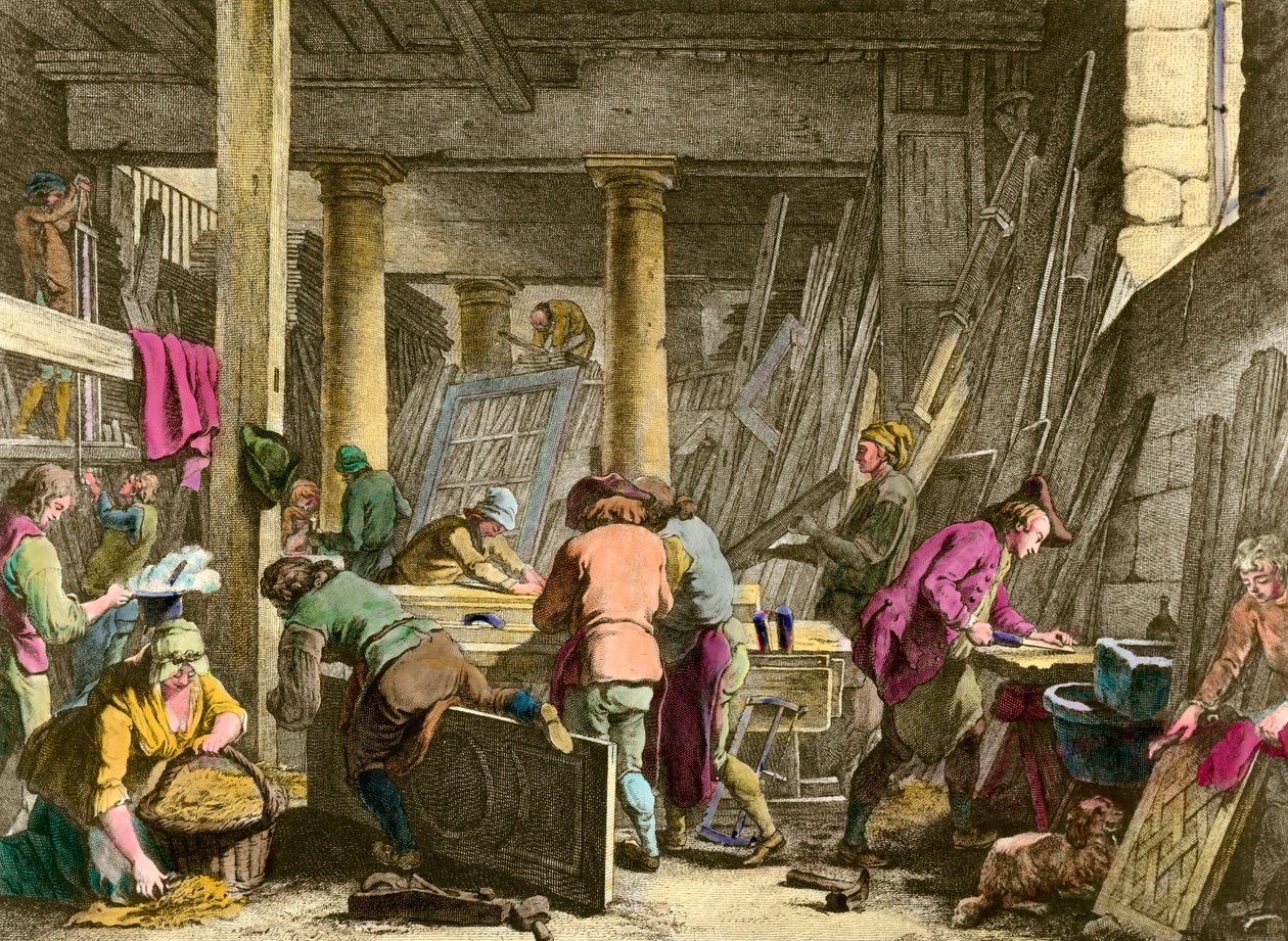 El Sanatları: “” Sieur Jadot marangozunun atölyesi”” 18. yüzyılda çalışan işçiler. 19. yüzyılın gravürü. Özel koleksiyon by Unknown artist