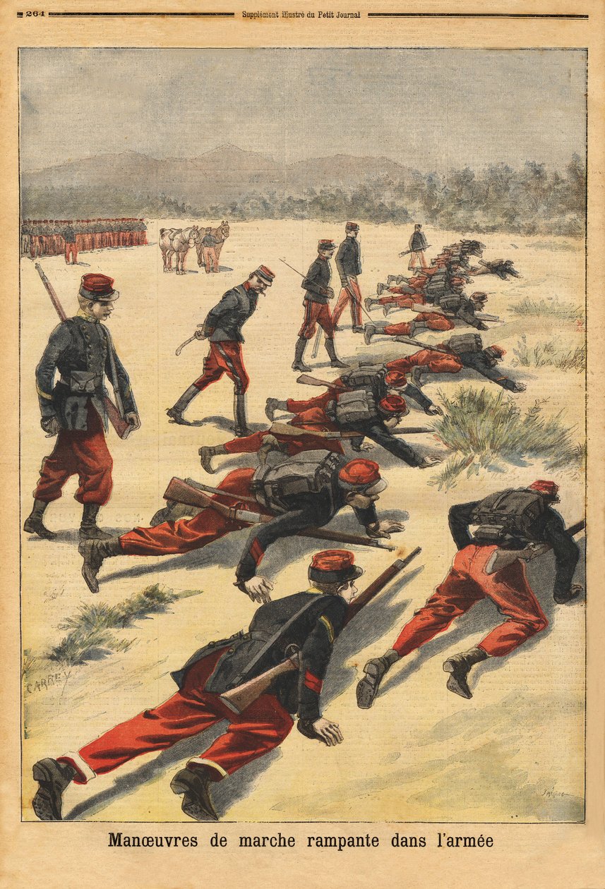 Orduda sürünen yürüyüş manevraları, avuç içini koruyan yeni tampon bileziklerle deneyler. “Le petit Journal”da gravür” 16/08/1896. Selva