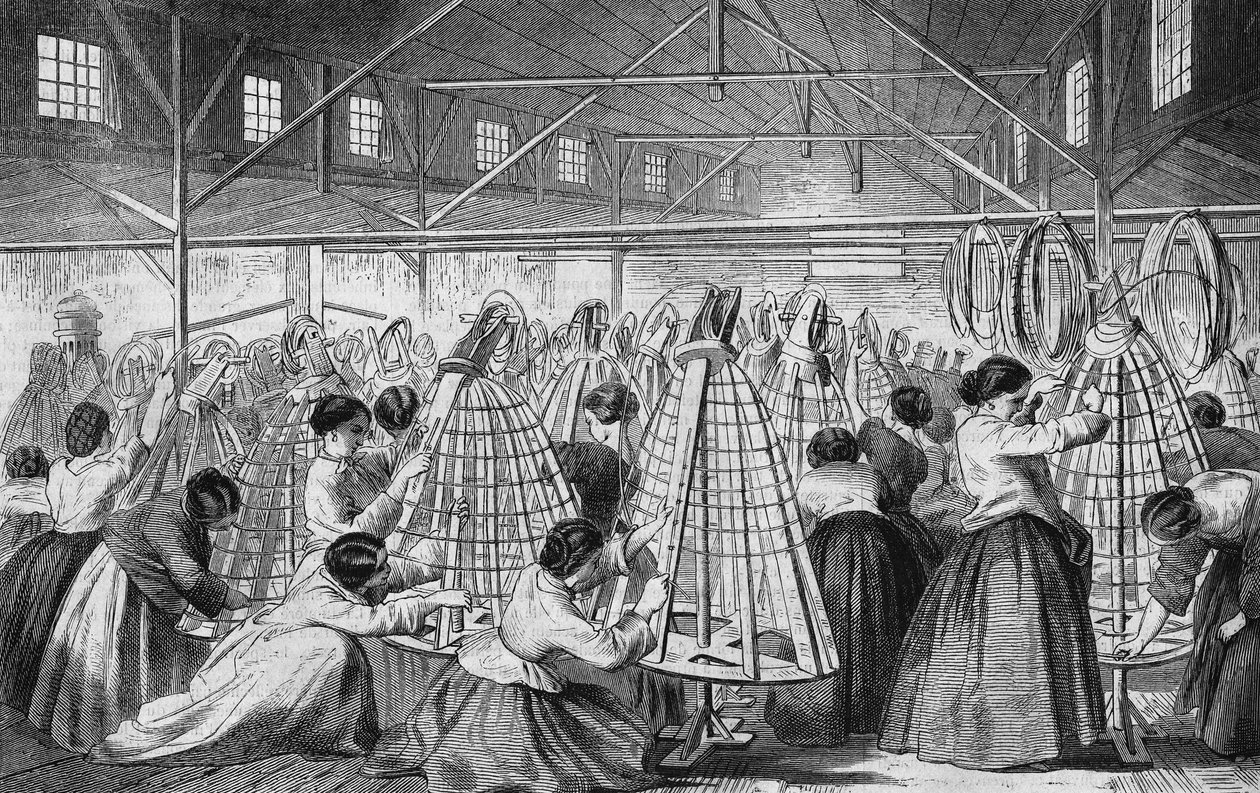 Kabarık etek fabrikaları: çemberlerin döşenmesi. by Unknown artist