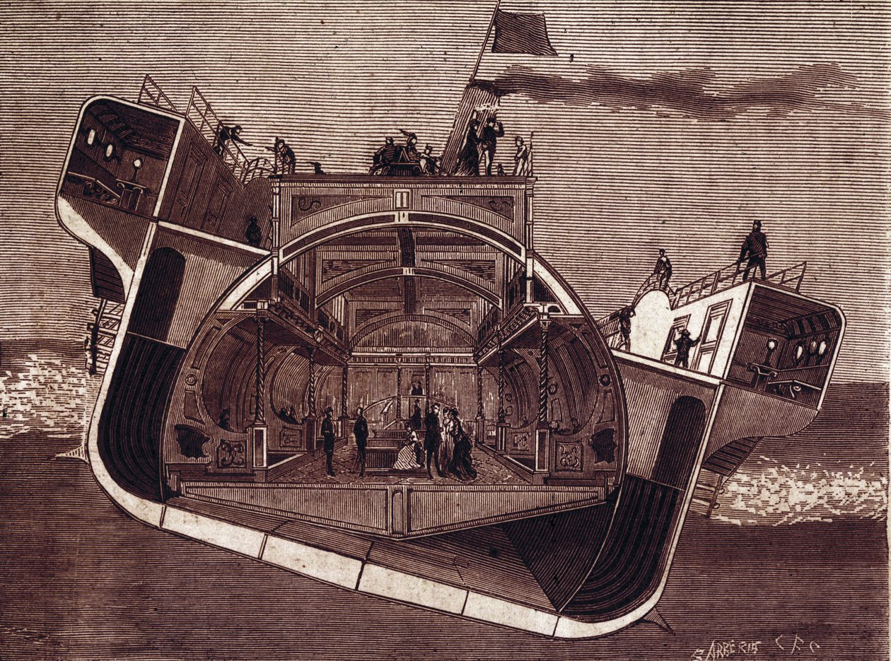Henry Bessemer (1813-1898) tarafından deniz tutmasına karşı tasarlanmış bir teknenin kesiti. 19. yüzyıl gravür. by Unknown artist