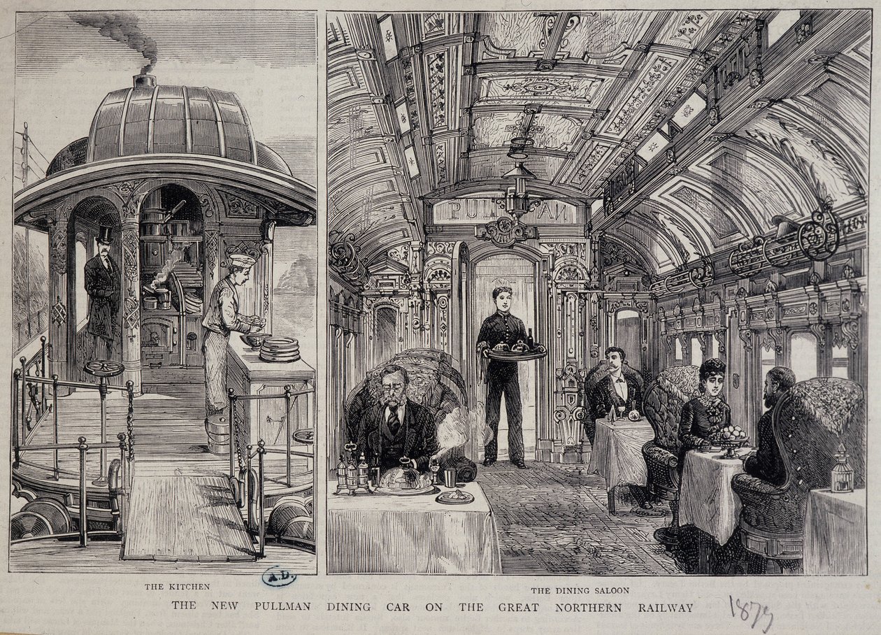 Bir Pullman vagonunun mutfağı ve restoranı - gravür by Unknown artist