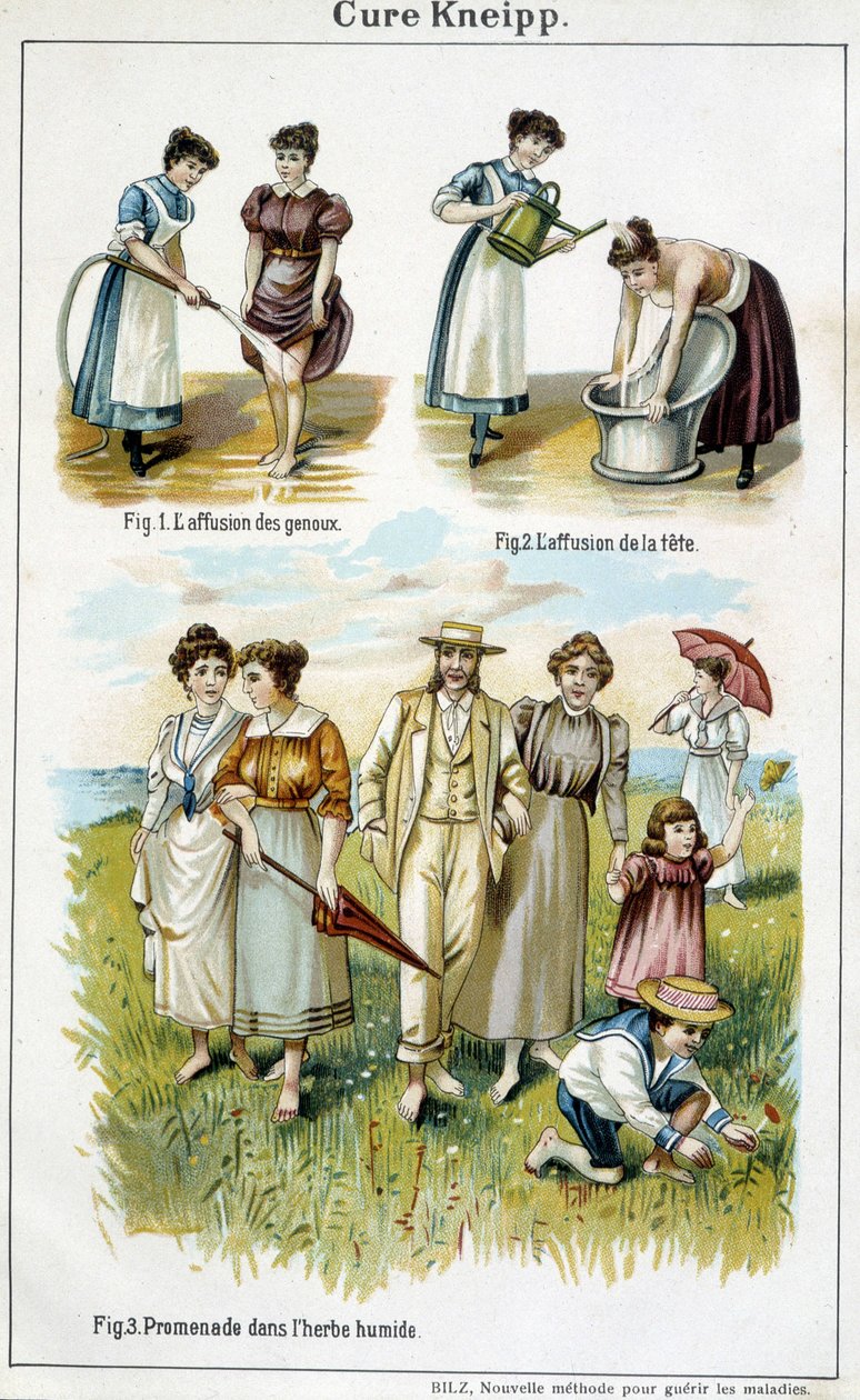 Cure Kneipp: dizlerin afüzyonu, kafanın afüzyonu, ıslak çimenlerde yürümek - “Bilz, Doğal İlaç”ta, 19. yüzyılın sonlarında by Unknown artist