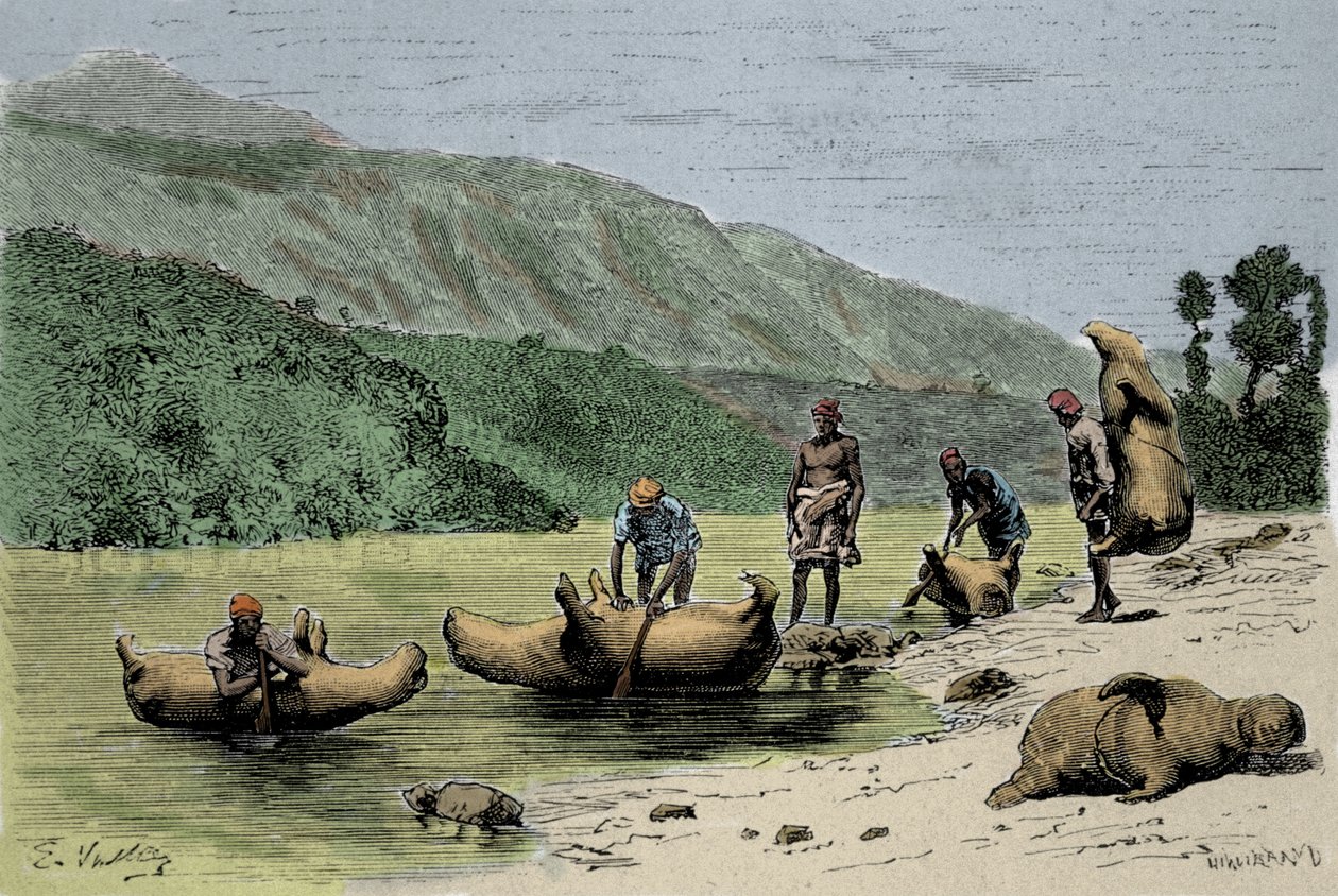 Gümrük ve taşıma yöntemleri: nehirleri geçmek için kullanılan şişirilmiş hayvanların derileri. 19. yüzyıl gravürü by Unknown artist