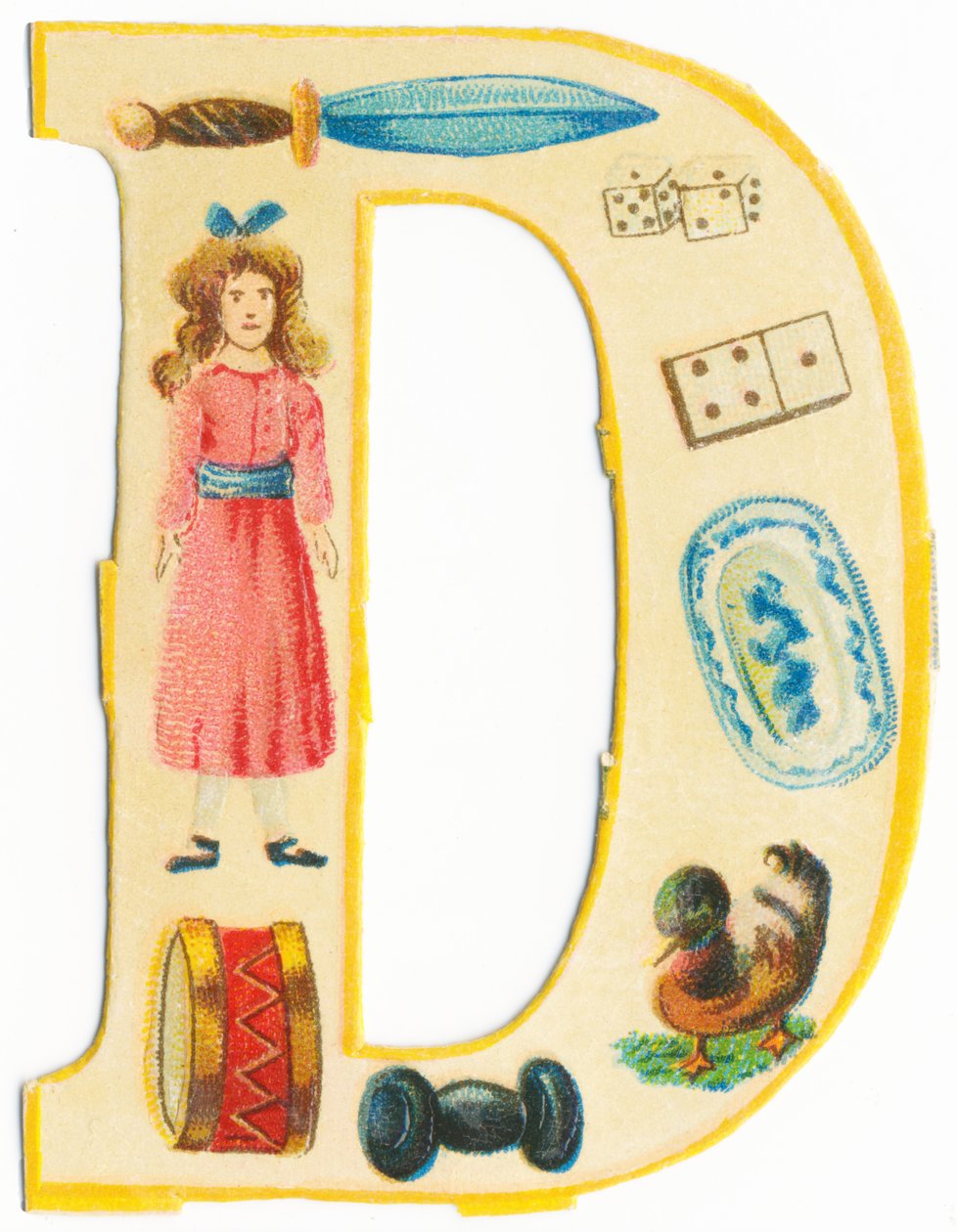 D: hançer, oyuncak bebek, zar, domino, davul, tabak, halter, ördek (renkli taş) by Unknown artist