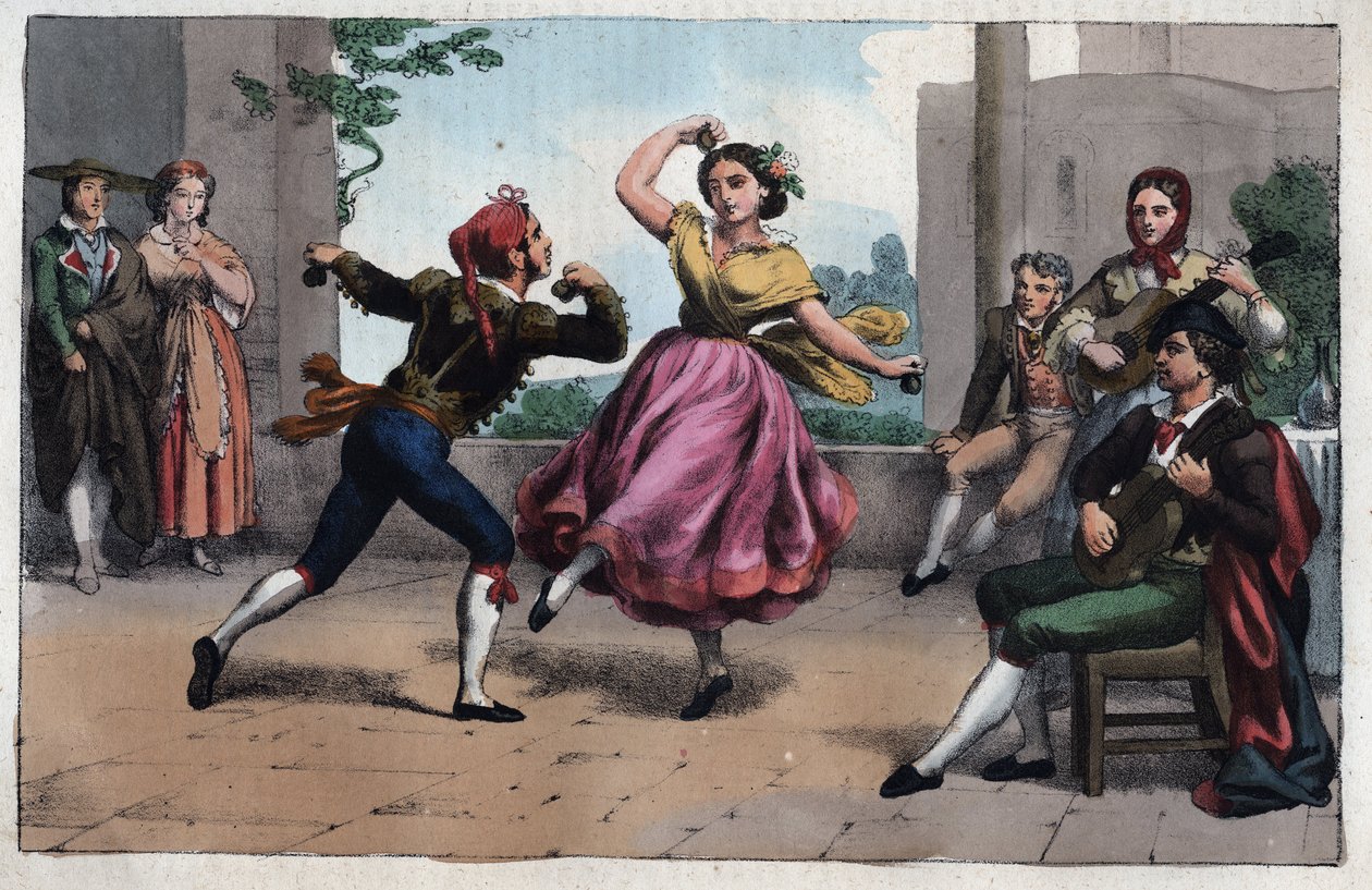 Bolero Dansı ve Granada kostümleri - Granada Bolero dansı ve kostümleri - Evrenin Tüm Halklarının “” Kullanımları ve Kostümlerinden gravür. Bu, hükümetin, yasaların, milislerin, en uzaklardan tüm ulusların dininin tarihidir. by Unknown artist