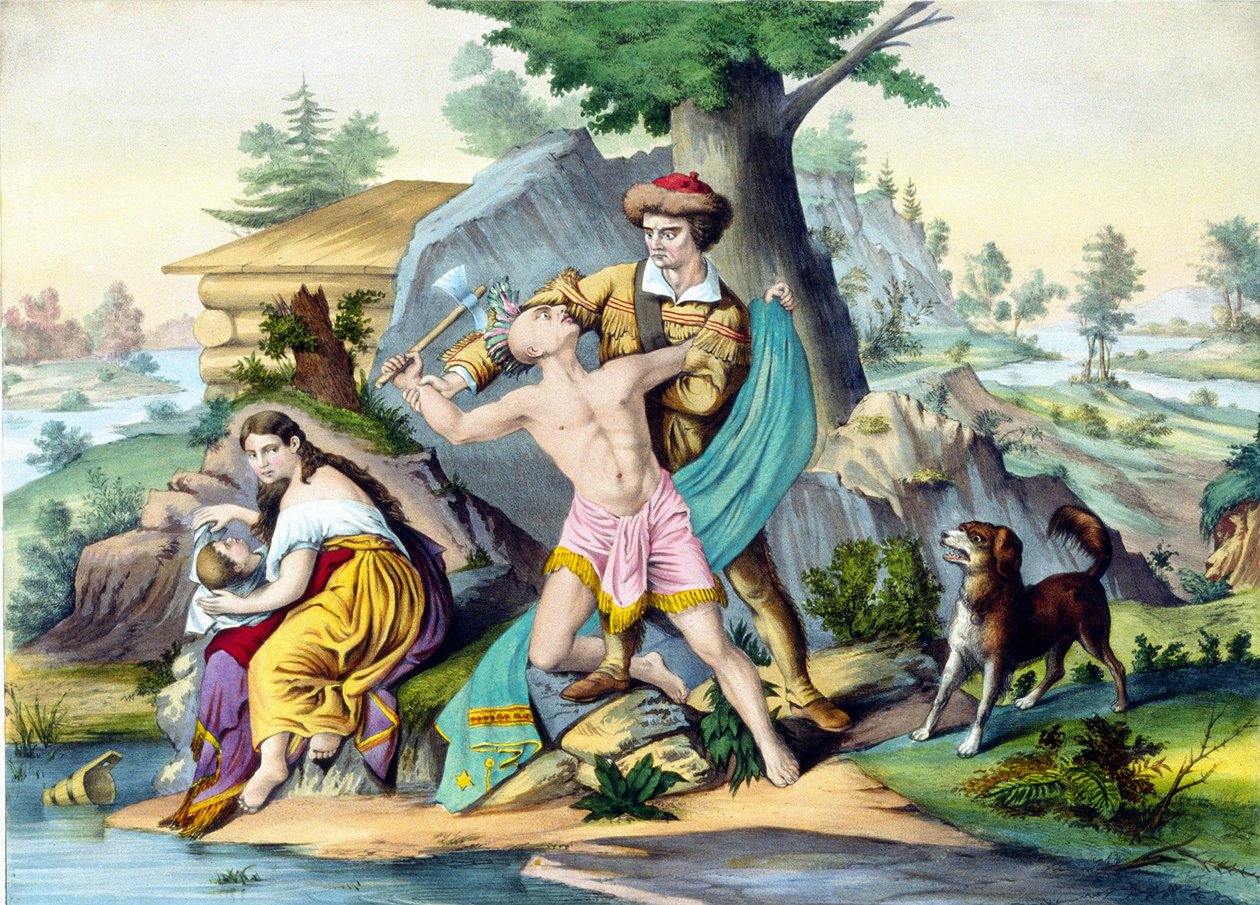 Daniel Boone ailesini koruyor: Amerikalı öncü Daniel Bonne (1734 - 1820), ailesine baltayla saldıran bir Kızılderiliyi öldürüyor. 19. yüzyıl gravür. by Unknown artist