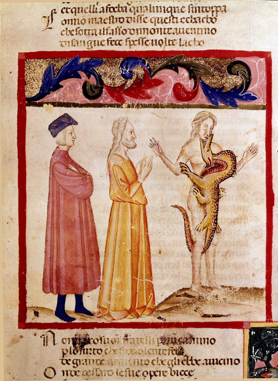 Dante ve Virgil, bir ejderha tarafından yutulmaya mahkum edilmiş bir günahkarın ruhuyla tanışır. Bir Cehennem şarkısını gösteren ışıklı sayfa, Dante Alighieri
