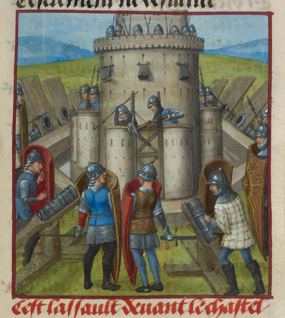 'Le Roman de la Rose'dan kaleye yapılan bir saldırıyı tasvir eden bir minyatürün detayı by Unknown artist