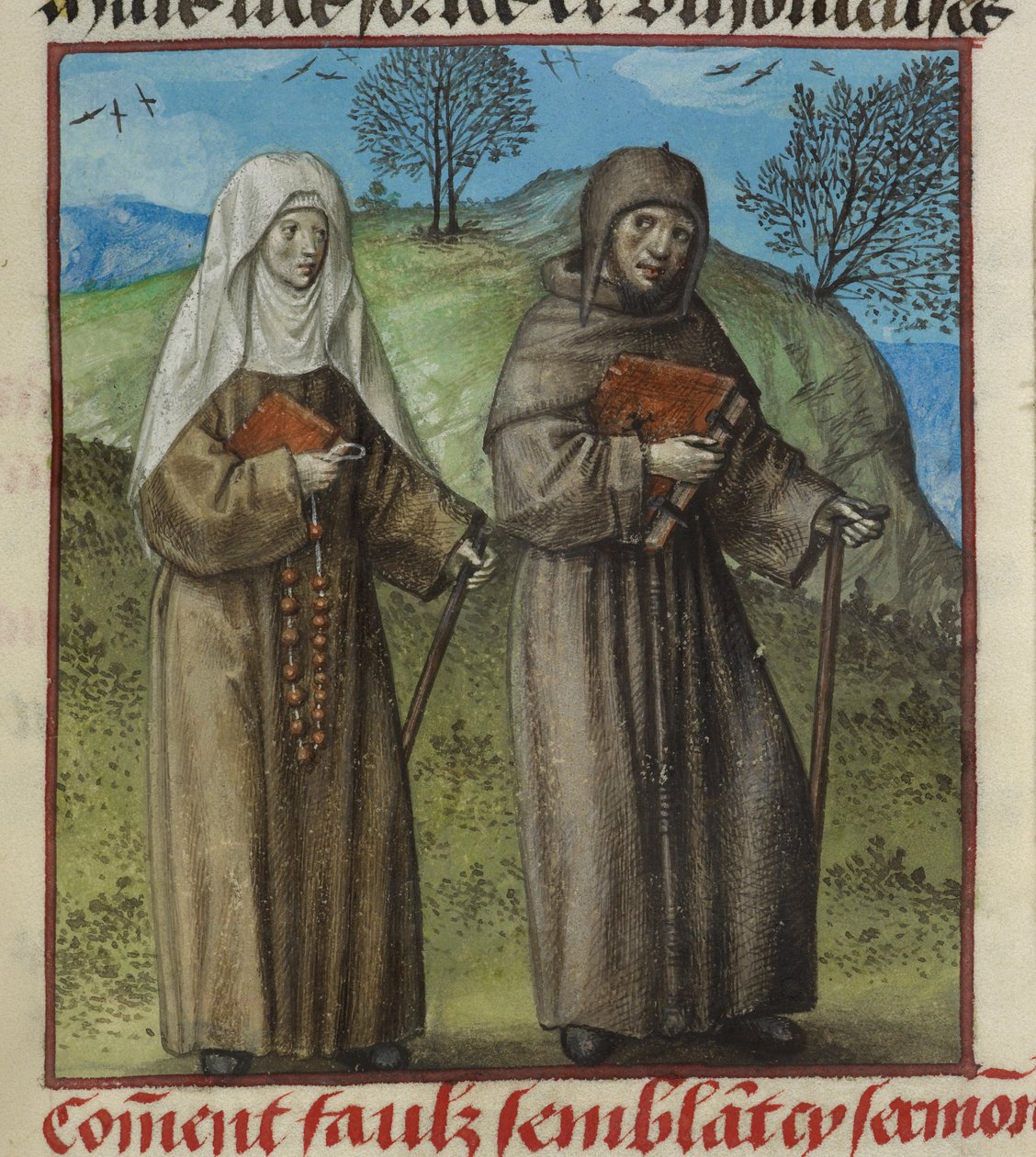 'Le Roman de la Rose'dan Malebouche'u (Evil Tongue) görmeye giden Abstinence Contrainte (Zorla Yoksunluk) ve Sahte Semblant'ın (Yanlış Görünüş) minyatürünün ayrıntıları by Unknown artist