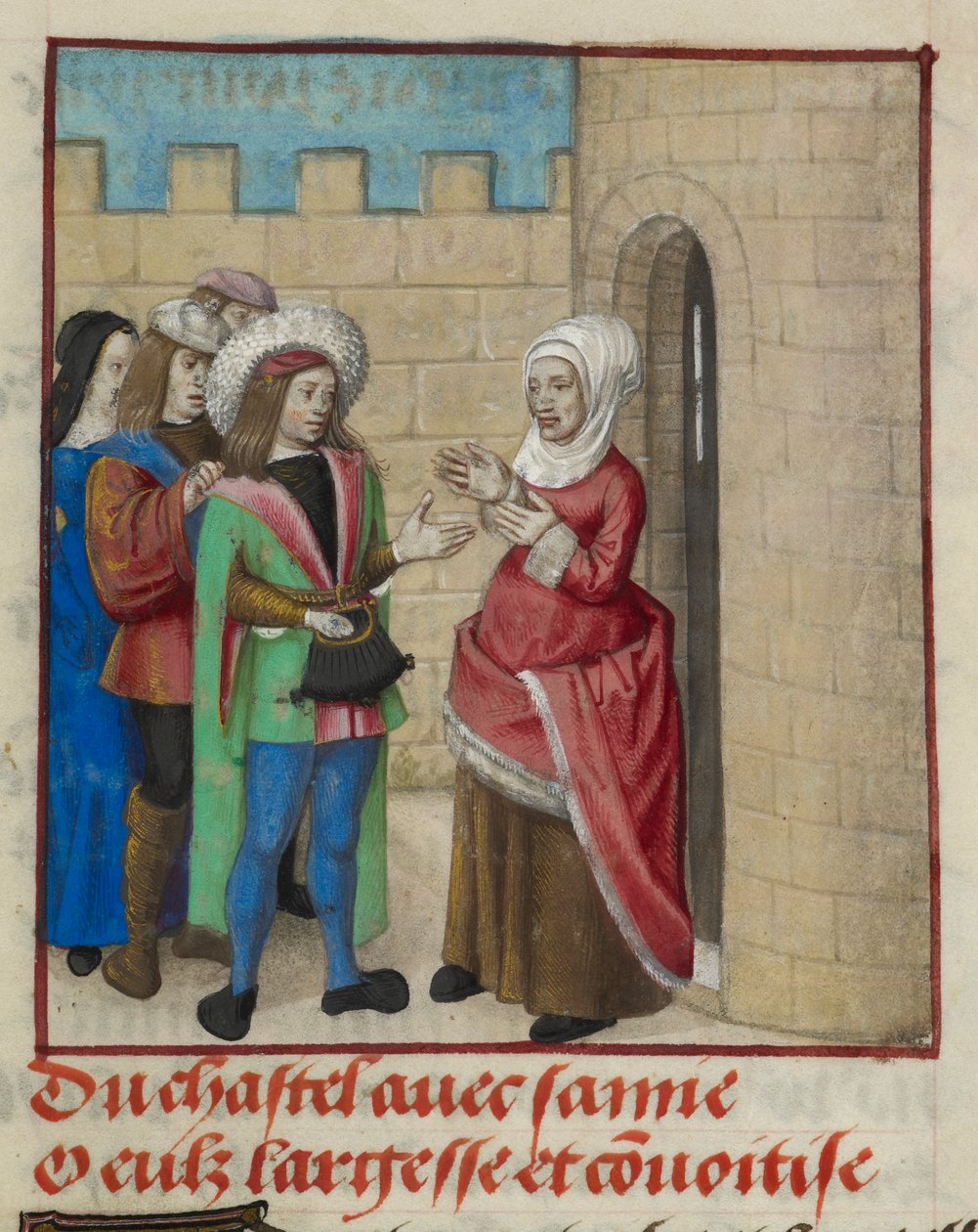 'Le Roman de la Rose'dan, kaleye giren Convoitise (Açgözlülük) ve Largesse (Cömertlik) minyatürünün detayı by Unknown artist