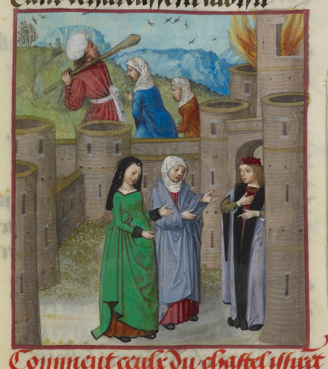 'Le Roman de la Rose'dan alevler içinde kaleden kaçan Tehlike ve diğer alegorik figürlerin minyatürünün detayı by Unknown artist