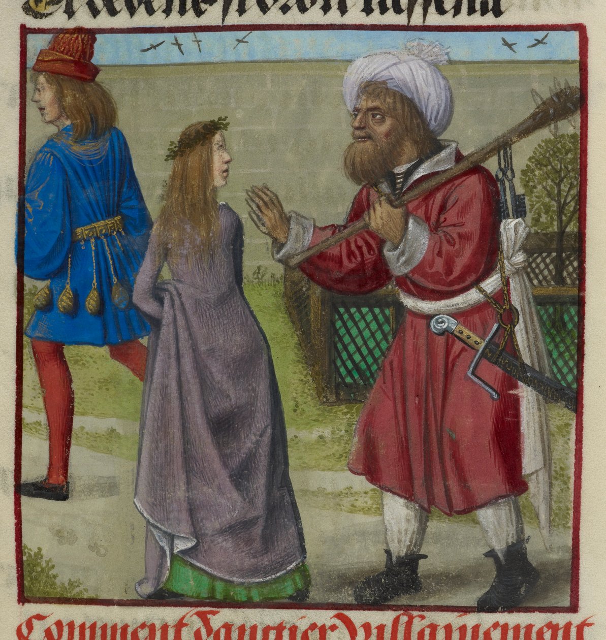 'Le Roman de la Rose'dan Sevgiliyi ve Bel Accueil'i (Adil Karşılama) bahçeden kovan Tehlike minyatürünün detayı by Unknown artist