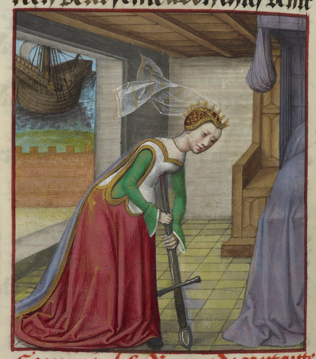 Aeneas'ın ihanetinden sonra kılıcının üzerine düşen ve intihar eden Dido'nun 'Le Roman de la Rose' minyatürünün detayı by Unknown artist