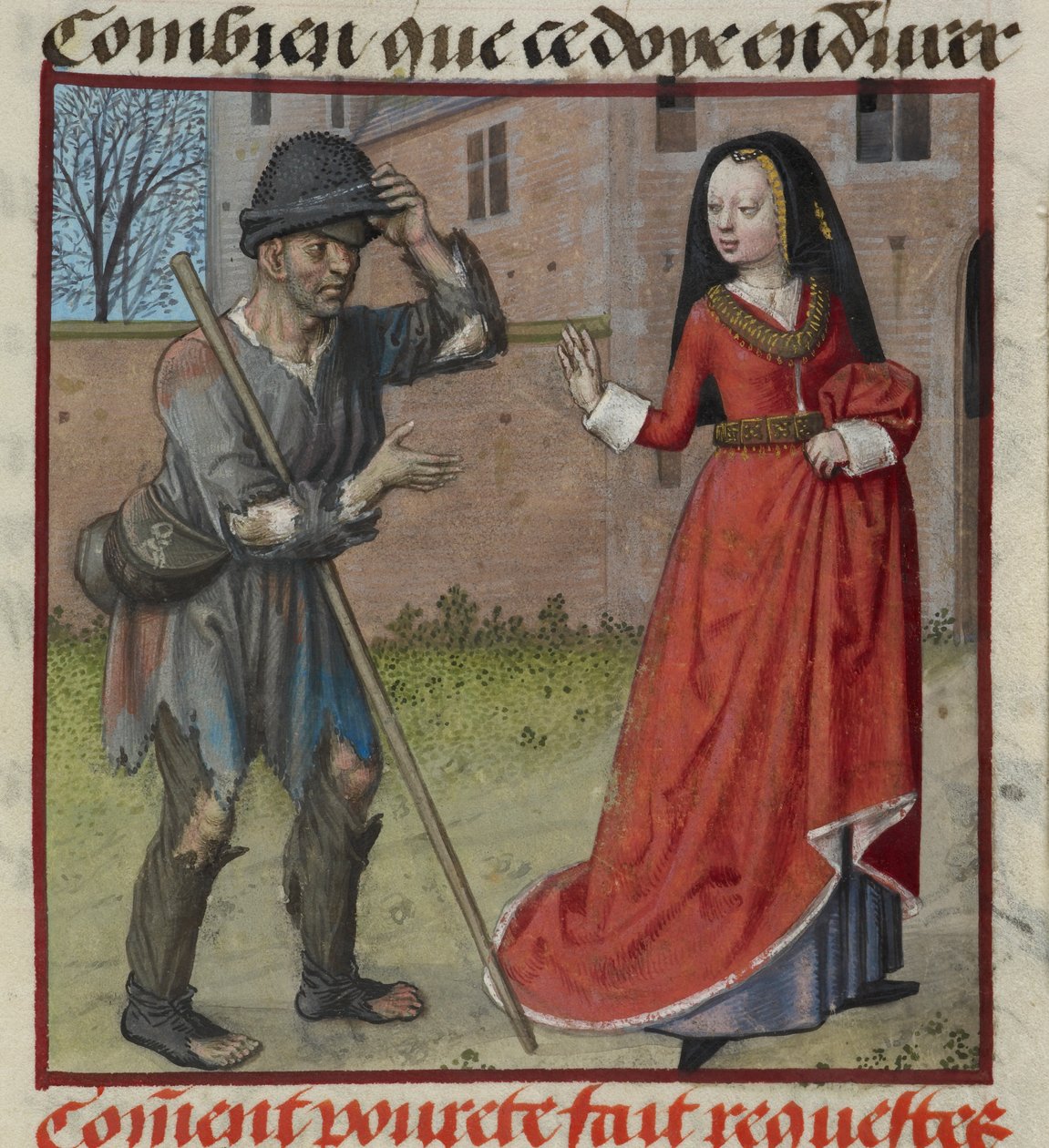 'Le Roman de la Rose'dan Richesse'den (Zenginlik) dilenen Pauvrete (Yoksulluk) minyatürünün detayı by Unknown artist