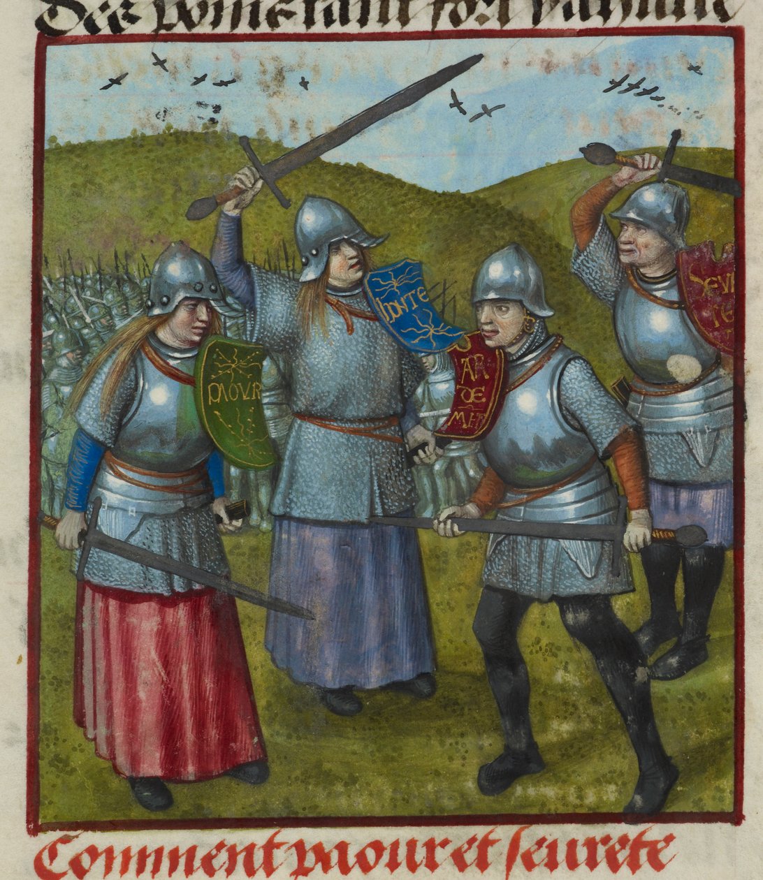 Peur, Honte ve diğer alegorilerin dövüştüğü bir minyatürün detayı. Zırhlı erkekler ve kadınlar, 'Le Roman de la Rose'dan savaşıyor by Unknown artist